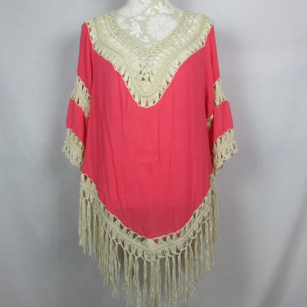 NEW Lady's World Tunic Coral Cream Gauzy Flowy Boho Crochet Fringe Plus Size XXL